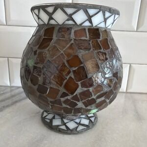 Vintage Mosaic Home Interiors Hurricane Glass Candle Holder Vase 7.5" High GW995